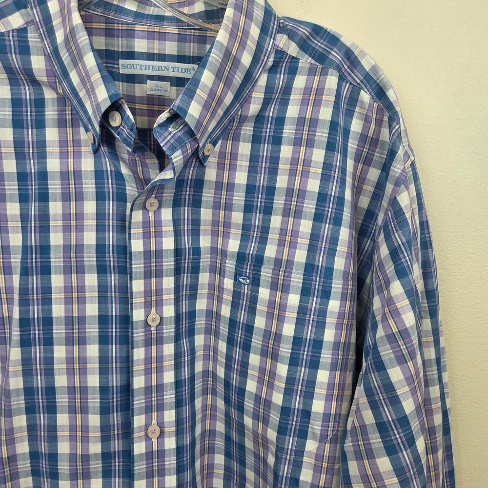 Southern Tide Mens Large Classic Fit Plaid Button Down Shirt Blue Purple Cotton
